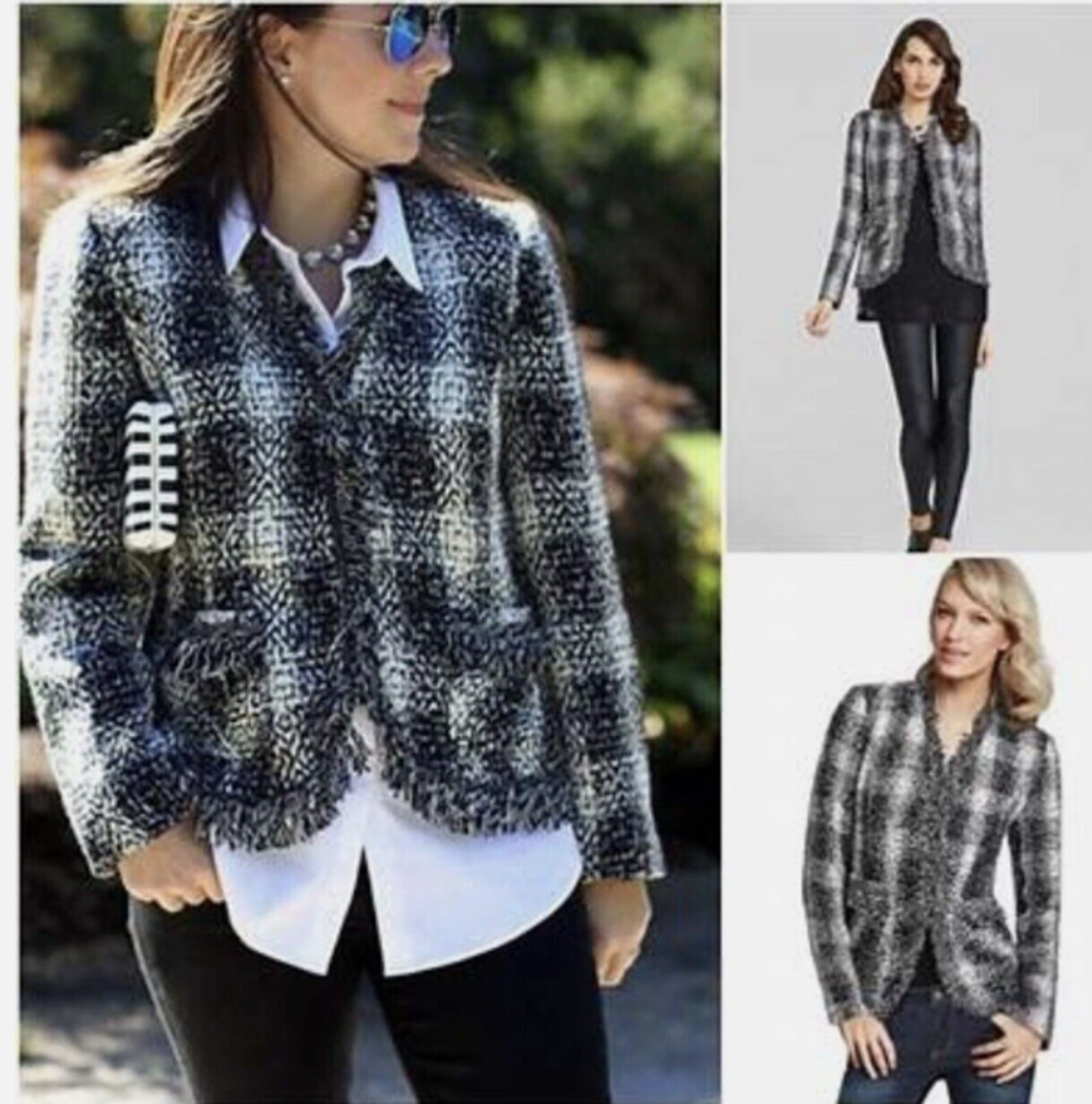 Cabi Best in Show Tweed Jacket 909 Carol Anderson Fringe Blazer Black White 8